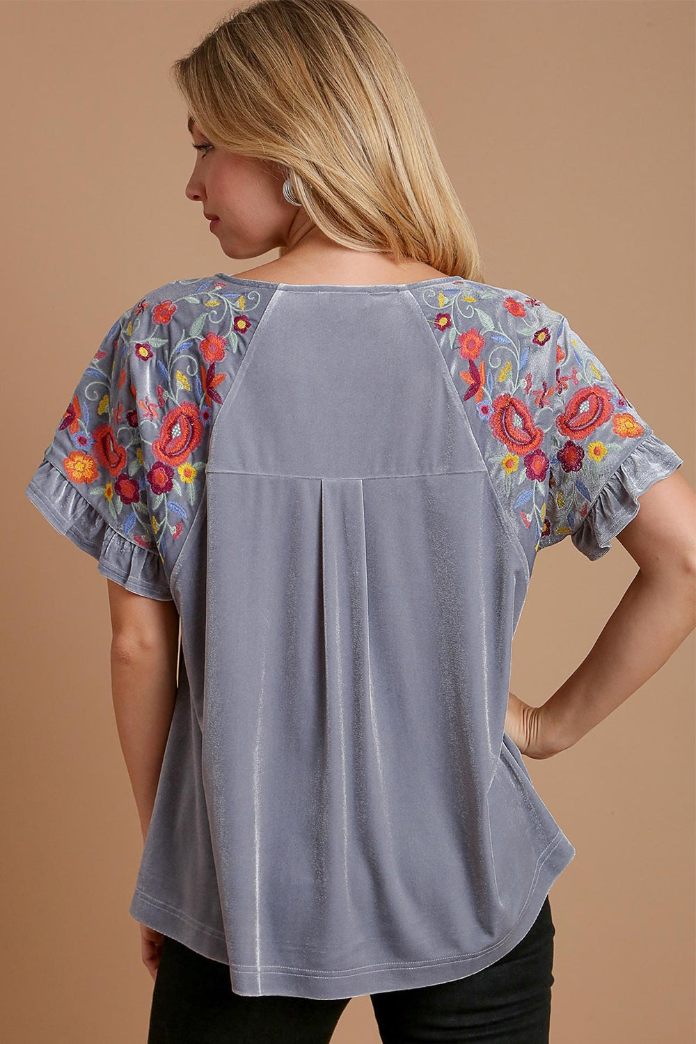 Blue Zone Planet | Umgee Velvet Embroidery Short Sleeve Blouse-TOPS / DRESSES-[Adult]-[Female]-2022 Online Blue Zone Planet