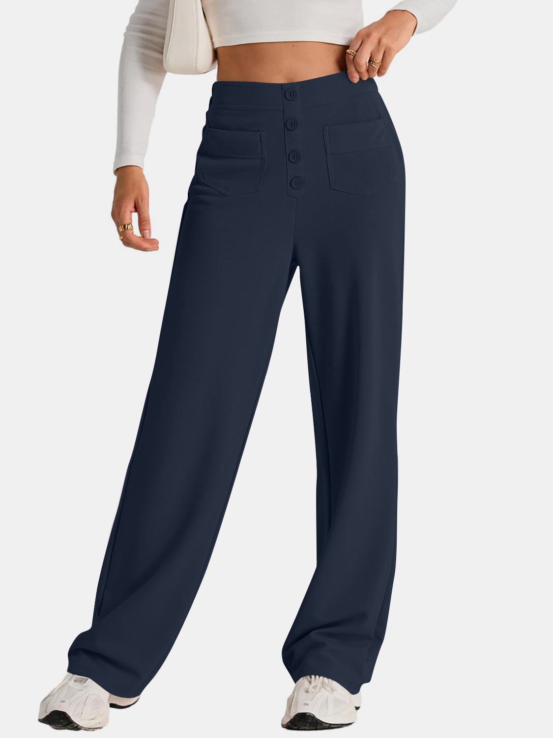 Blue Zone Planet | High Waist Wide Leg Pants-BOTTOMS SIZES SMALL MEDIUM LARGE-[Adult]-[Female]-Dark Navy-S-2022 Online Blue Zone Planet