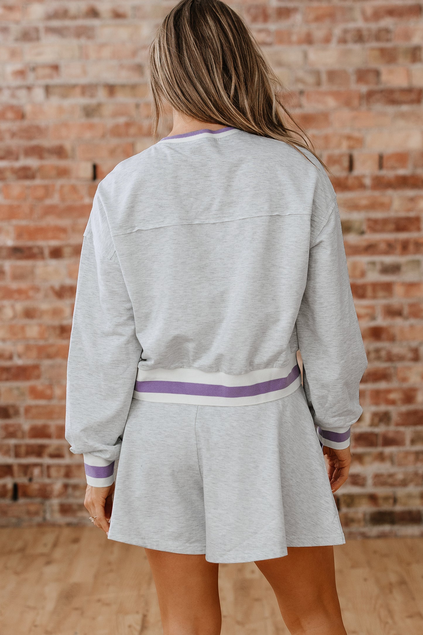 Light Grey Contrast Striped BAnds Cropped Pullover and Athletic Short Set-Two Piece Sets/Short Sets-[Adult]-[Female]-2022 Online Blue Zone Planet
