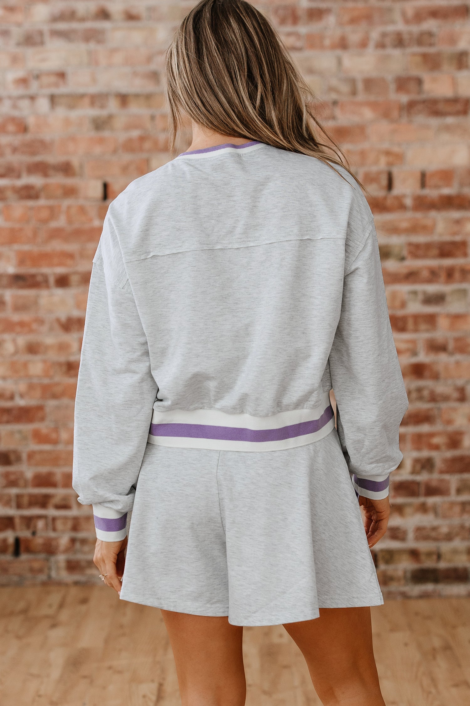 Light Grey Contrast Striped BAnds Cropped Pullover and Athletic Short Set-Two Piece Sets/Short Sets-[Adult]-[Female]-2022 Online Blue Zone Planet