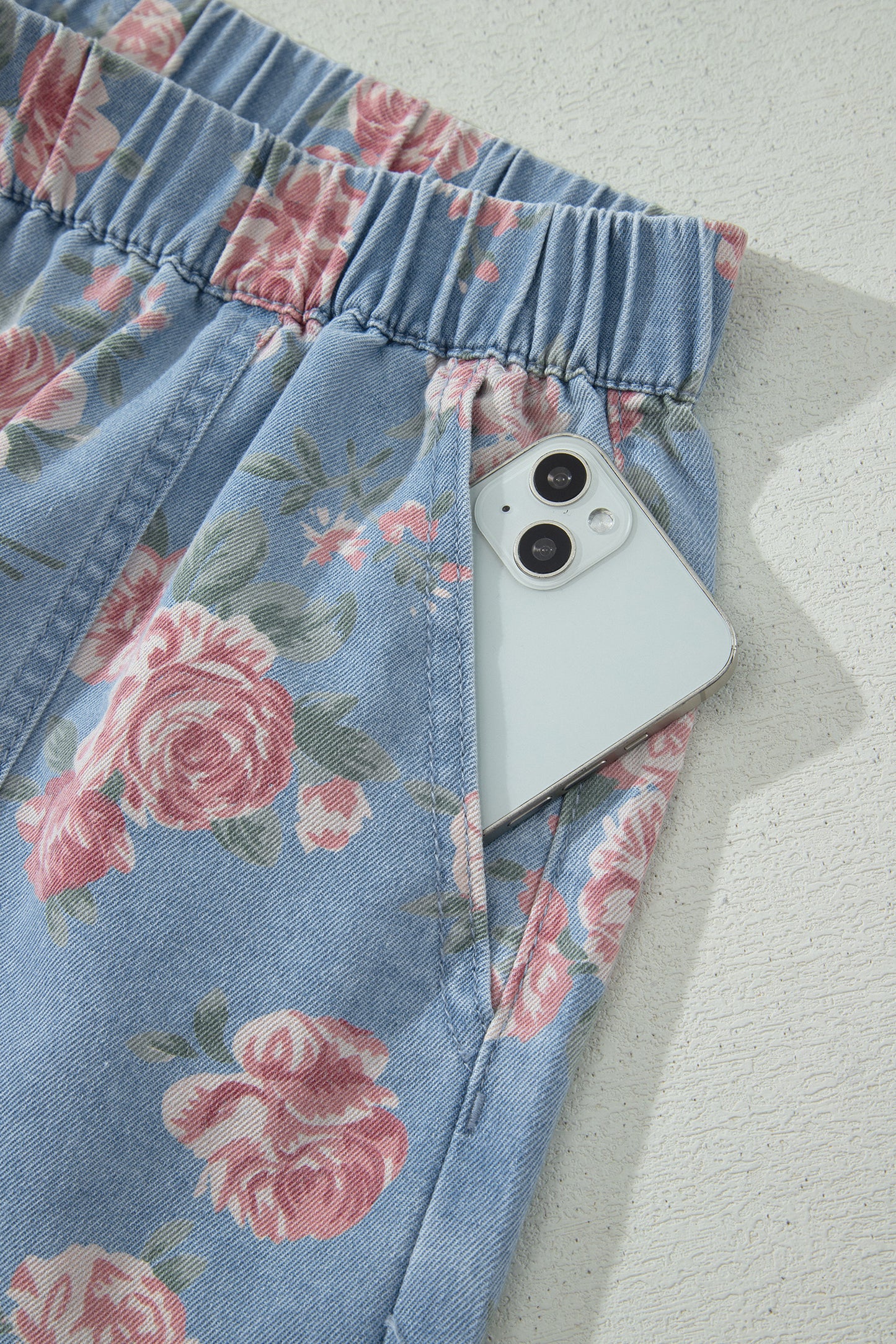 Sky Blue Floral Denim Short Sleeve Top Loose Shorts 2pcs Set-Two Piece Sets/Short Sets-[Adult]-[Female]-2022 Online Blue Zone Planet