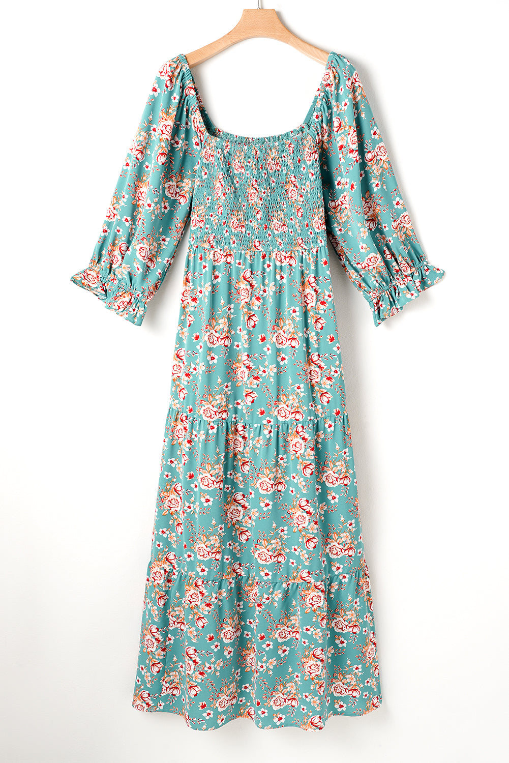 Blue Zone Planet | Green Plus Size Floral Print Square Neck Smocked Maxi Dress-TOPS / DRESSES-[Adult]-[Female]-2022 Online Blue Zone Planet