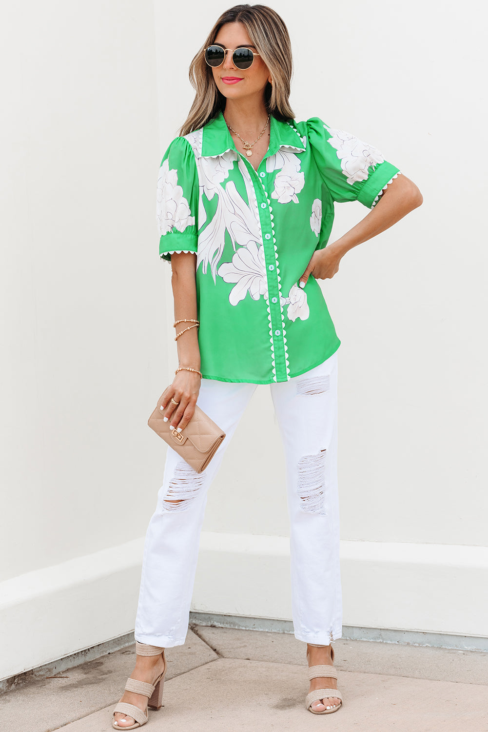 Green Floral Ric Rac Edge Puff Sleeve Button Up Summer Shirt-Tops/Blouses & Shirts-[Adult]-[Female]-2022 Online Blue Zone Planet