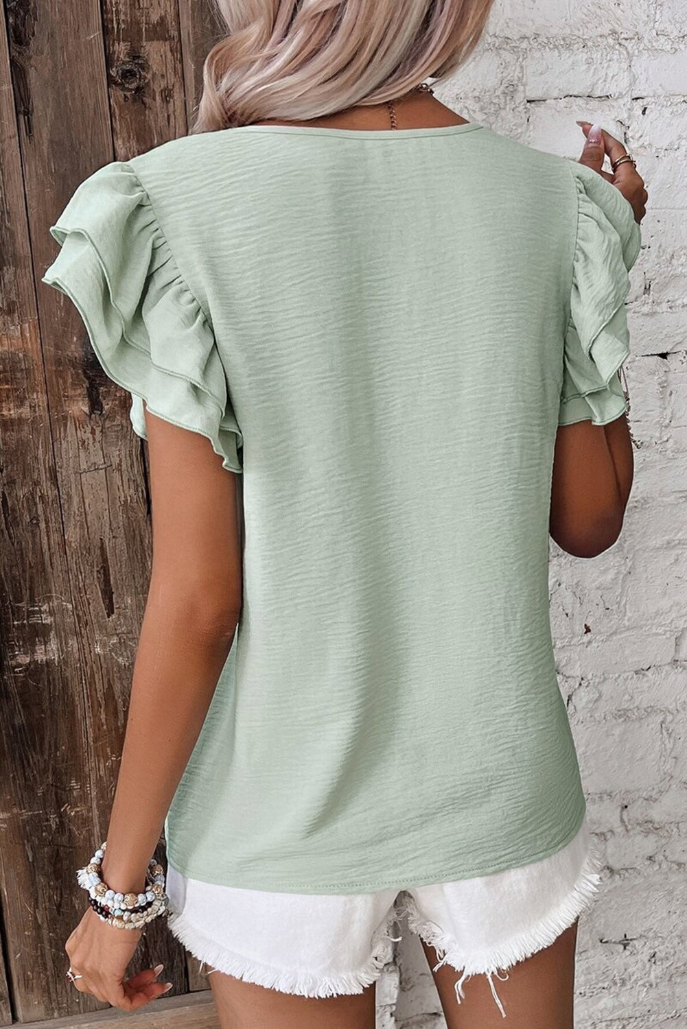 Clearly Aqua Solid Color Ruffled Short Sleeve Casual Blouse-Tops/Blouses & Shirts-[Adult]-[Female]-2022 Online Blue Zone Planet
