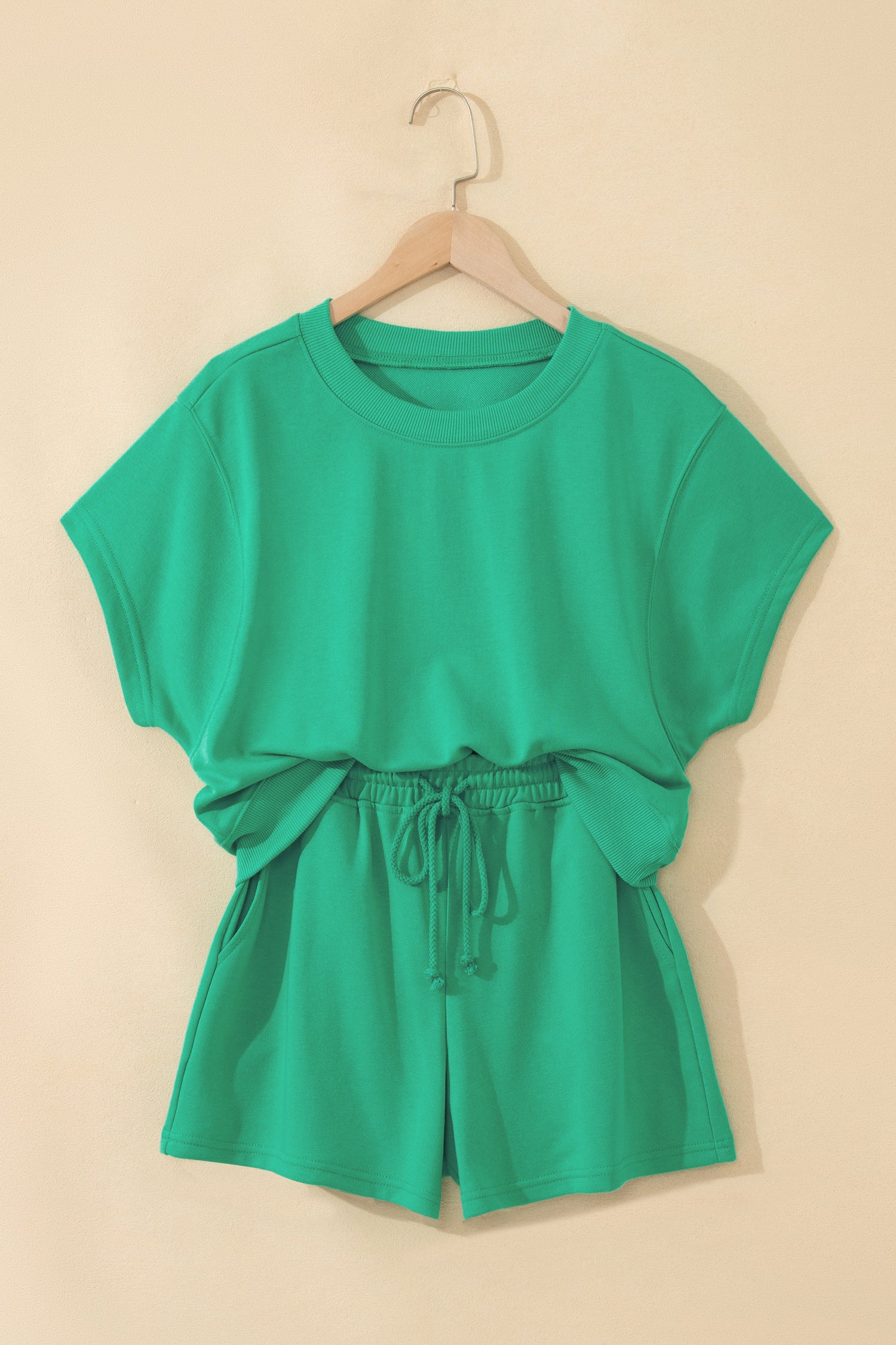 Mist Blue Solid Color Loose Tee Drawstring Shorts 2pcs Outfit-Two Piece Sets/Short Sets-[Adult]-[Female]-2022 Online Blue Zone Planet