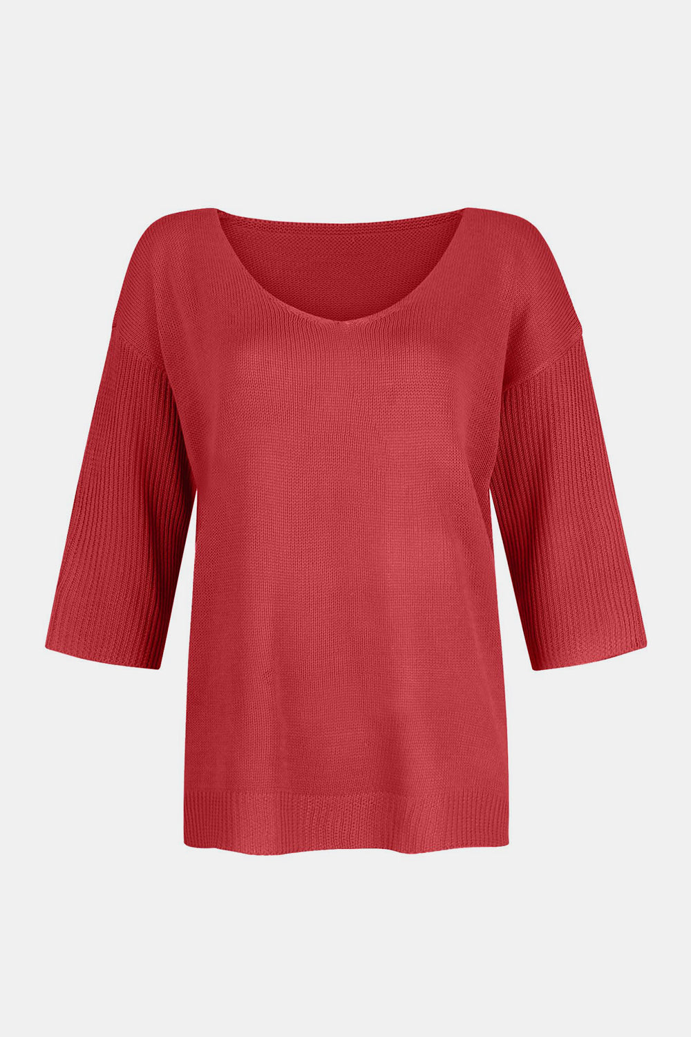 V-Neck Three-Quarter Sleeve Knit Top-TOPS / DRESSES-[Adult]-[Female]-2022 Online Blue Zone Planet