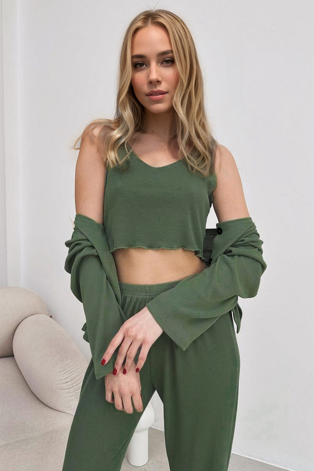 Basic Bae Buttery-Soft Round Neck Tank, Cardigan and Pants Set-TOPS / DRESSES-[Adult]-[Female]-Moss-S-2022 Online Blue Zone Planet