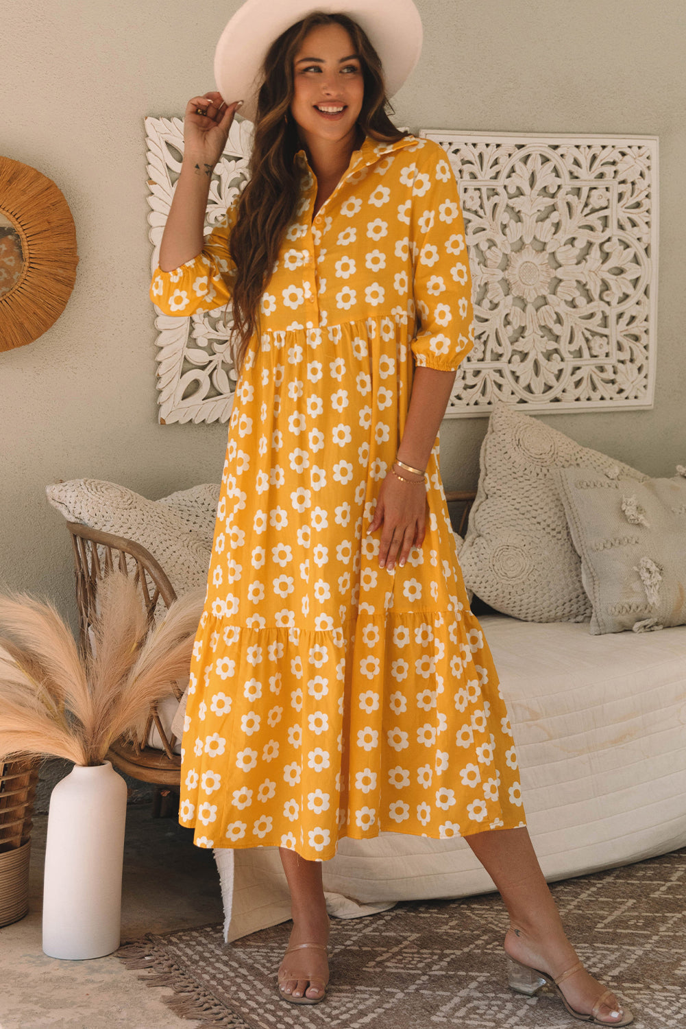 Yellow Flower Print Bracelet Sleeve Buttons Collared Maxi Dress-Dresses/Maxi Dresses-[Adult]-[Female]-Yellow-S-2022 Online Blue Zone Planet