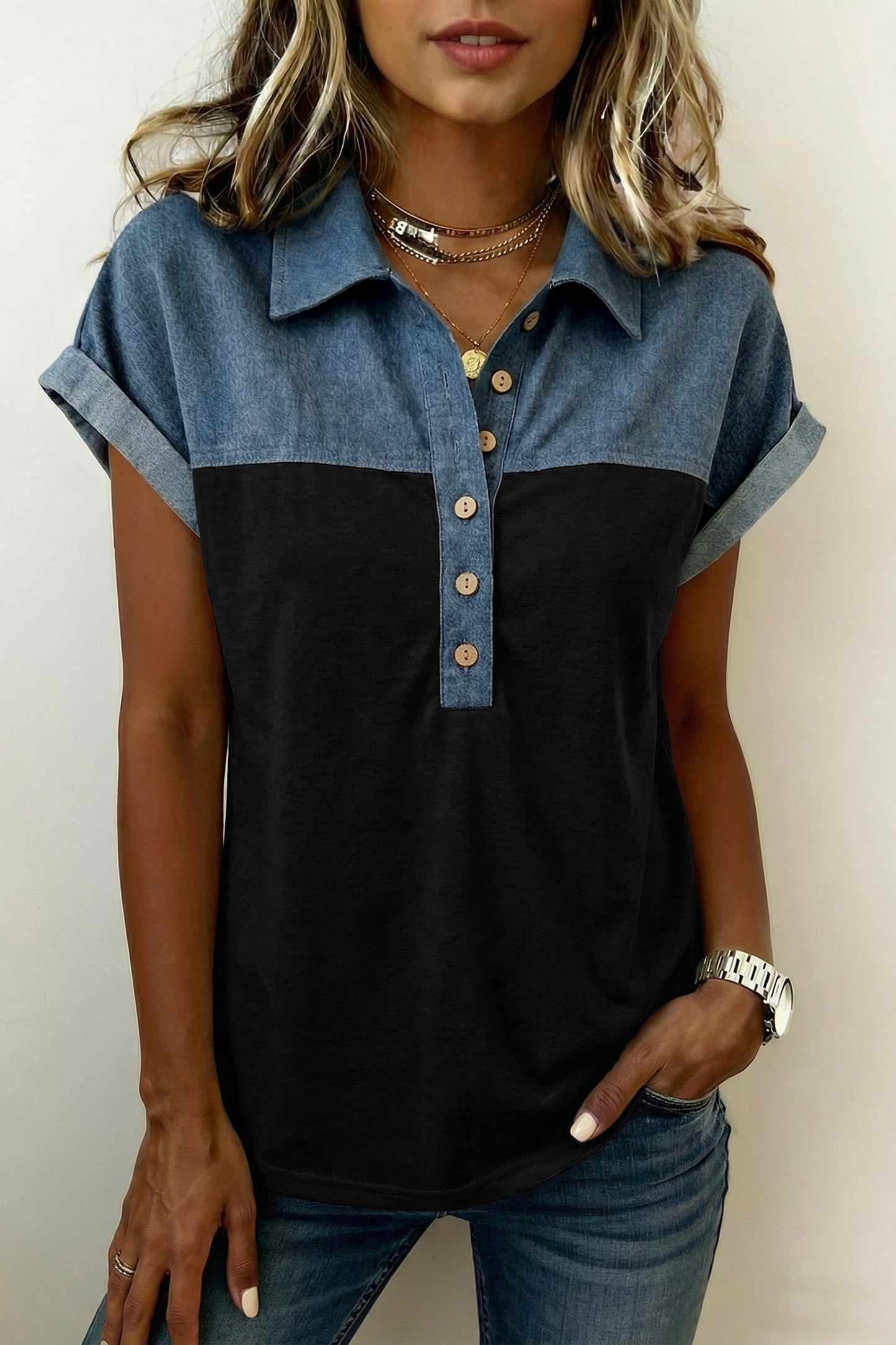 Black Color Block Denim Patchwork Button Polo Collar Short Sleeve Top-Tops/Blouses & Shirts-[Adult]-[Female]-Black-S-2022 Online Blue Zone Planet