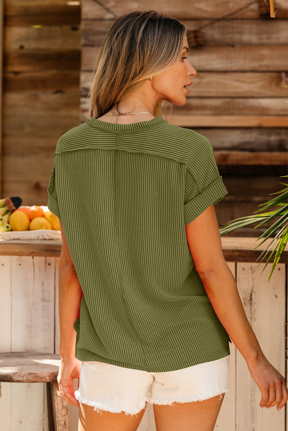 Jungle Green Textured Knit Exposed Stitching T-Shirt-Tops/Tops & Tees-[Adult]-[Female]-2022 Online Blue Zone Planet