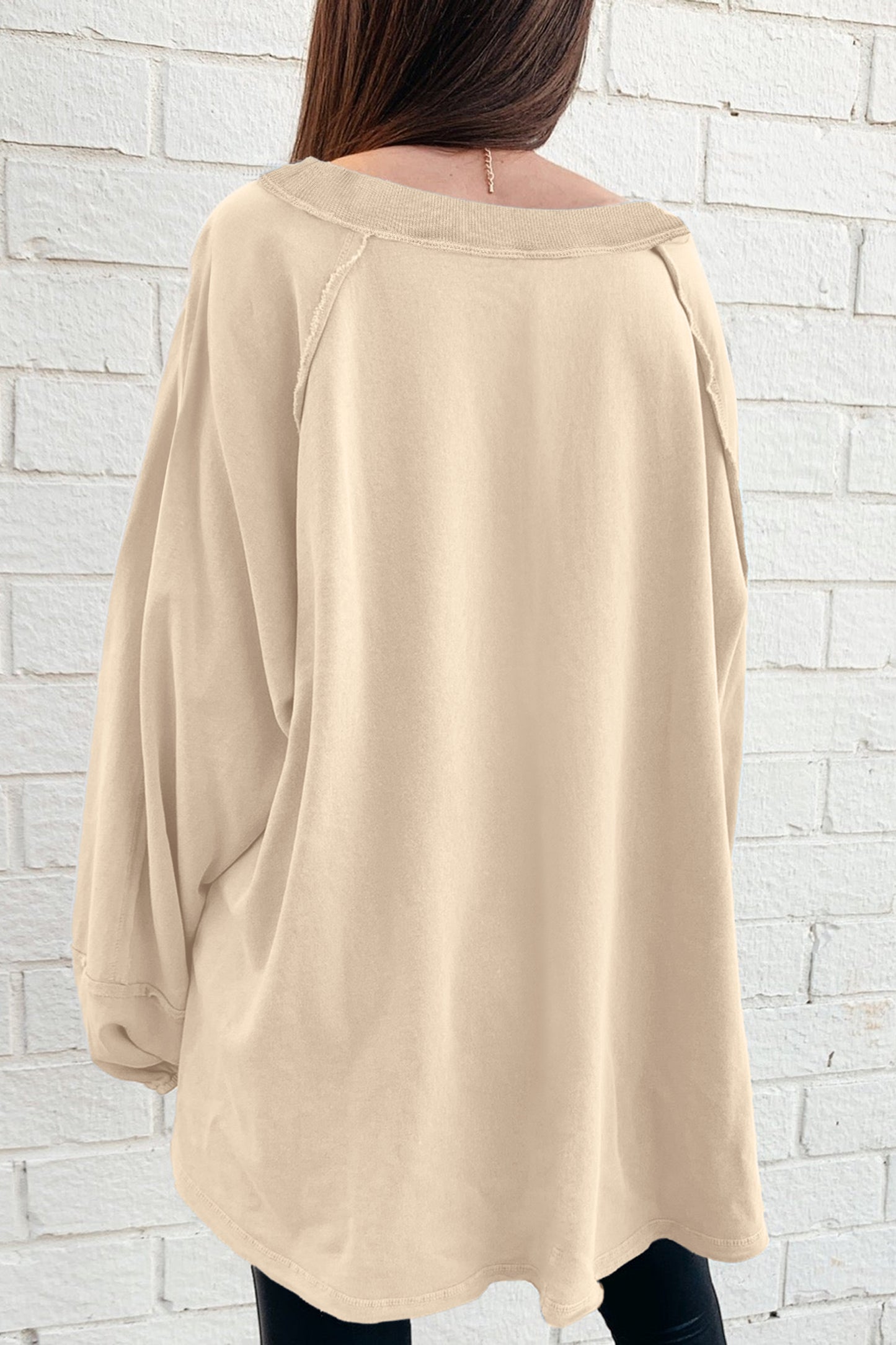 Beige Solid Color Raw Seam Patchwork Baggy Sweatshirt-Tops/Sweatshirts & Hoodies-[Adult]-[Female]-2022 Online Blue Zone Planet
