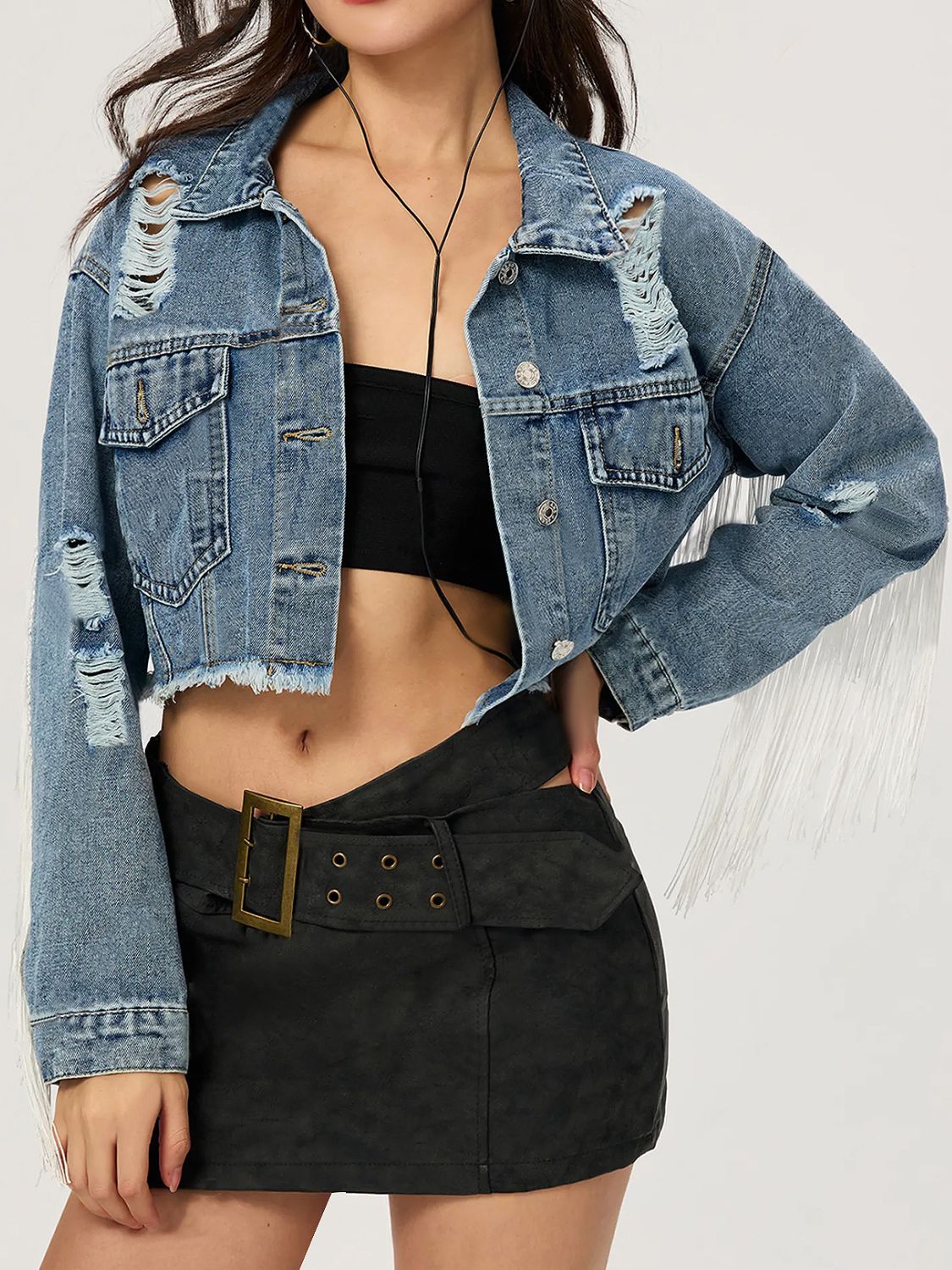 Blue Zone Planet | Distressed Fringe Collared Neck Cropped Denim Top-TOPS / DRESSES-[Adult]-[Female]-2022 Online Blue Zone Planet