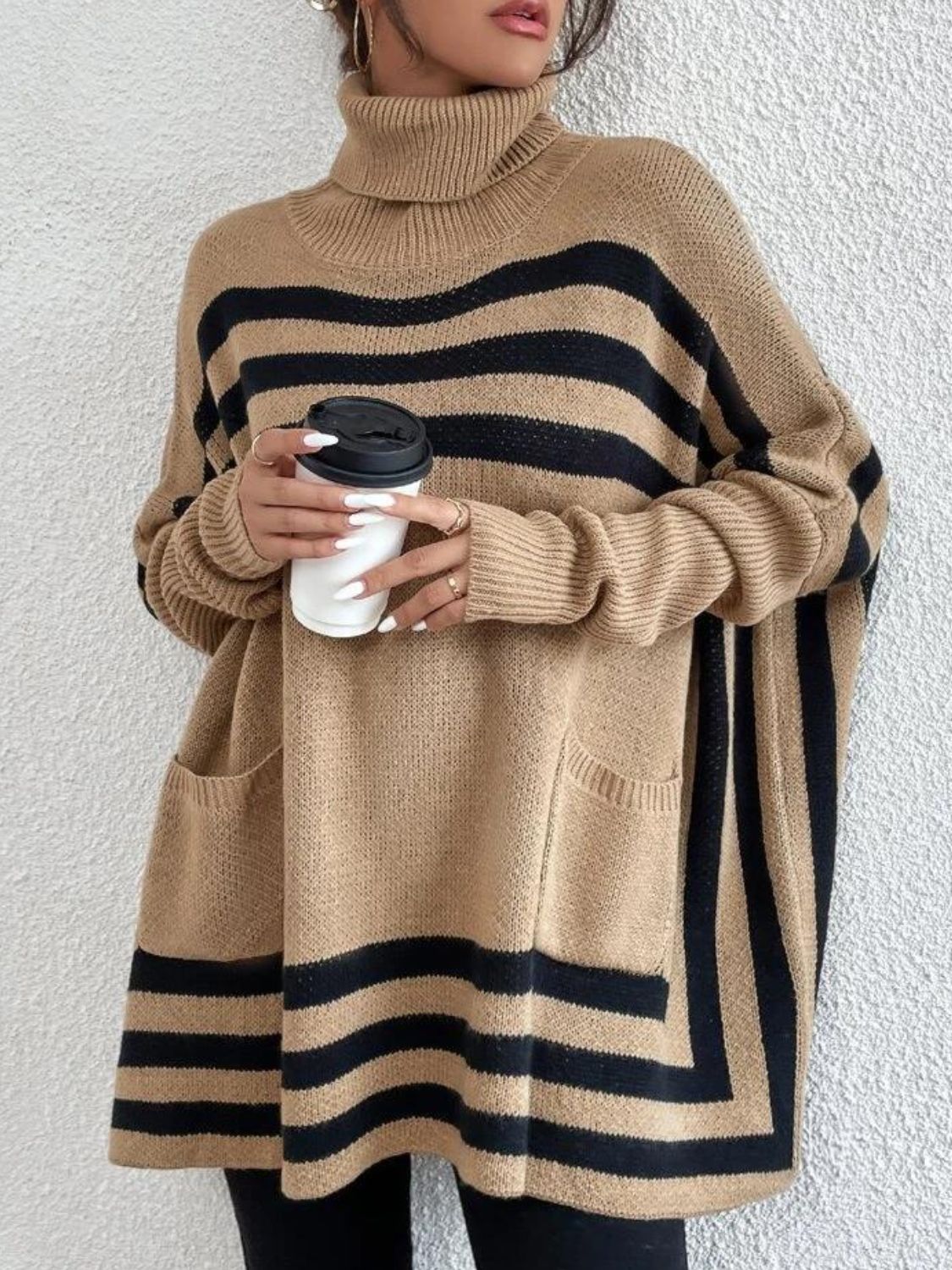 Striped Turtleneck Batwing Sleeve Sweater with Pockets-TOPS / DRESSES-[Adult]-[Female]-2022 Online Blue Zone Planet