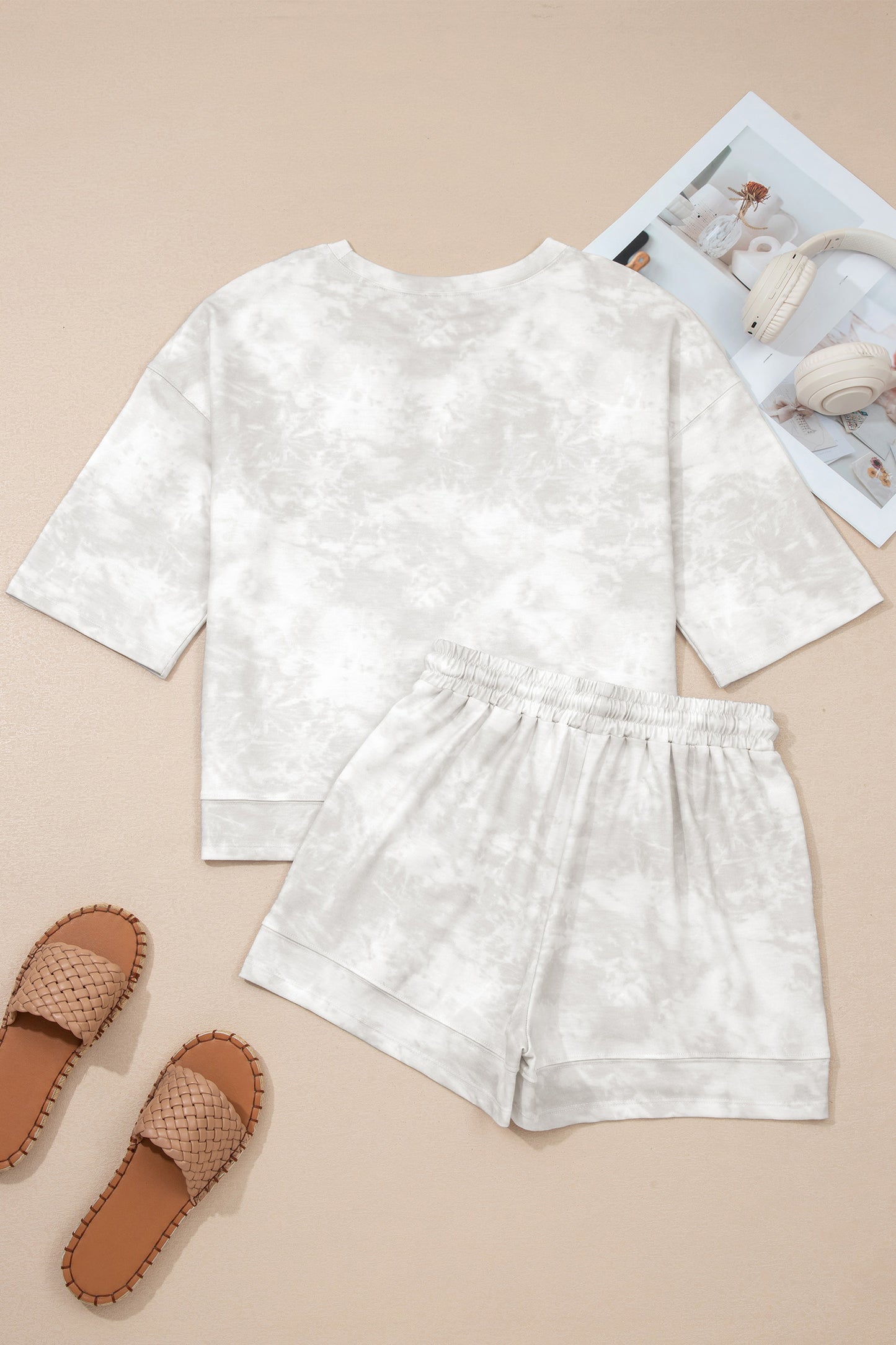 Beige Vintage Tie Dye Bracelet Sleeve Drawstring Elastic Waist 2pcs Short Set-Bracelet-[Adult]-[Female]-2022 Online Blue Zone Planet