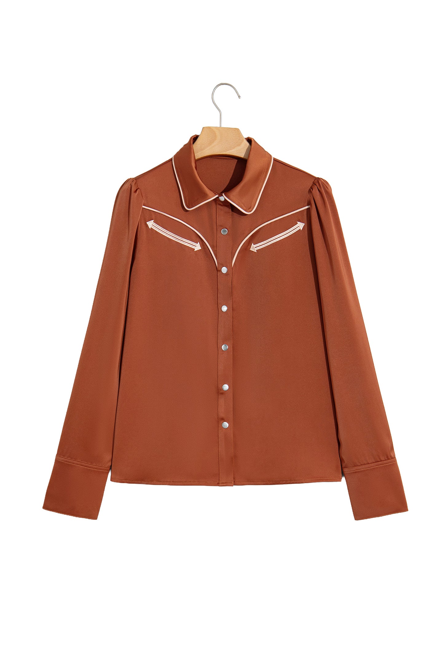 Cinnamon Silky Long Sleeve Button Front Western Fashion Shirt-Tops/Blouses & Shirts-[Adult]-[Female]-2022 Online Blue Zone Planet