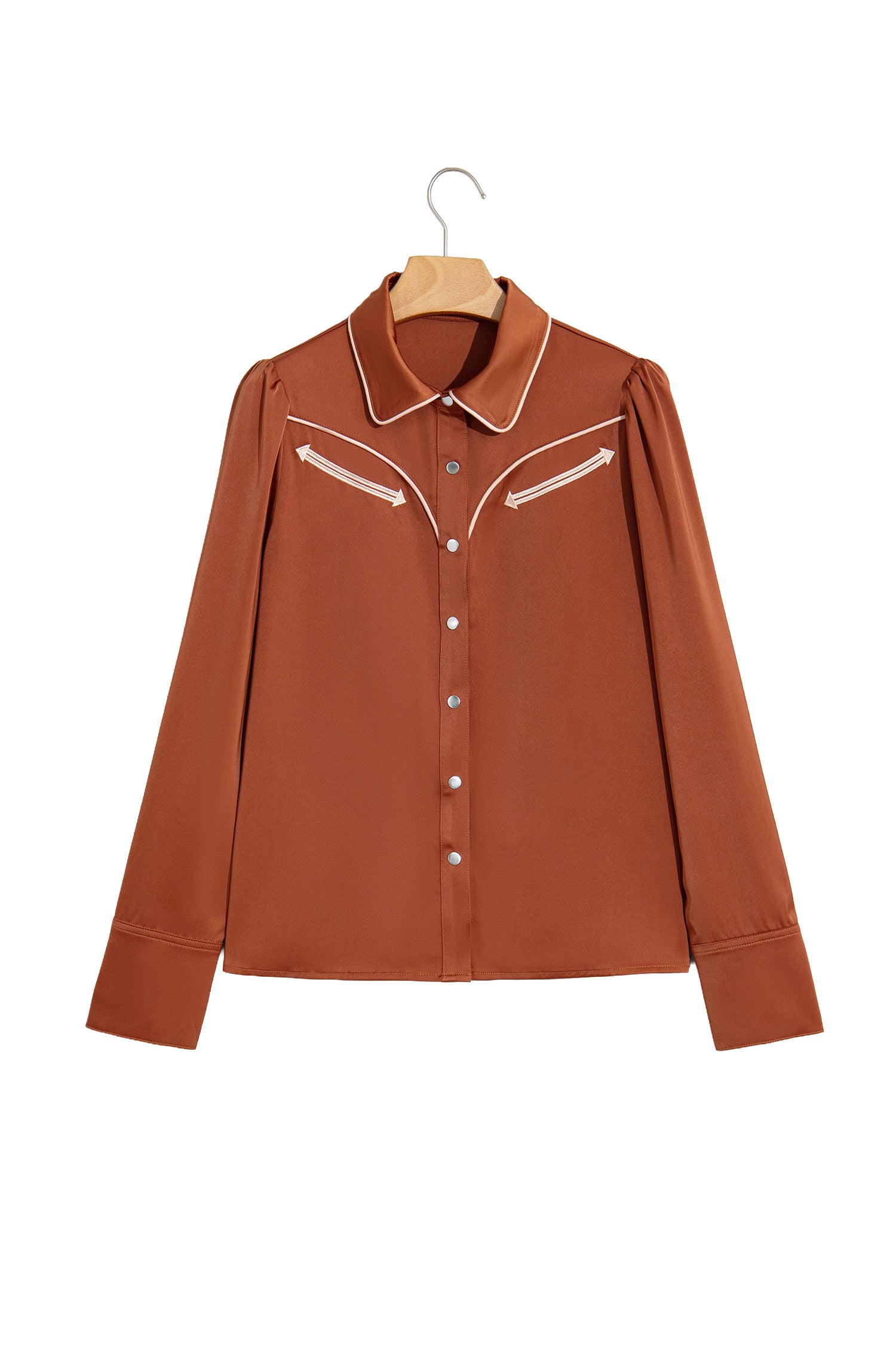 Cinnamon Silky Long Sleeve Button Front Western Fashion Shirt-Tops/Blouses & Shirts-[Adult]-[Female]-2022 Online Blue Zone Planet