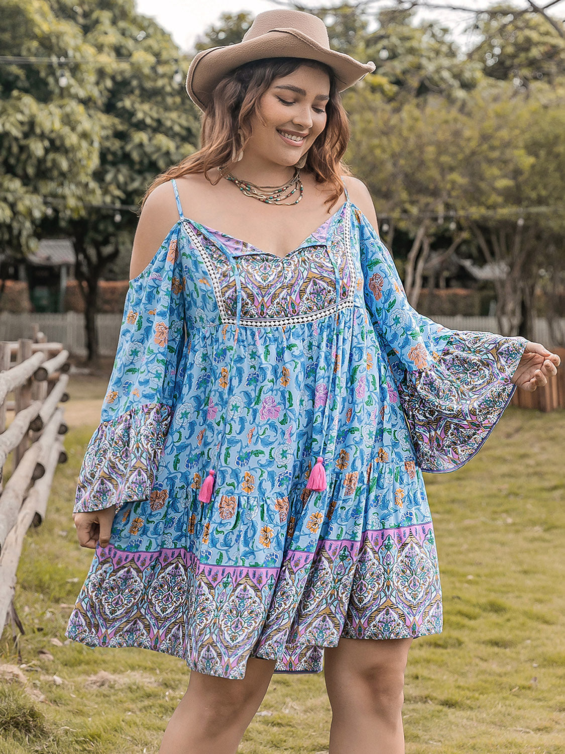 Plus Size Printed Long Sleeve Mini Dress-TOPS / DRESSES-[Adult]-[Female]-Sky Blue-0XL-2022 Online Blue Zone Planet