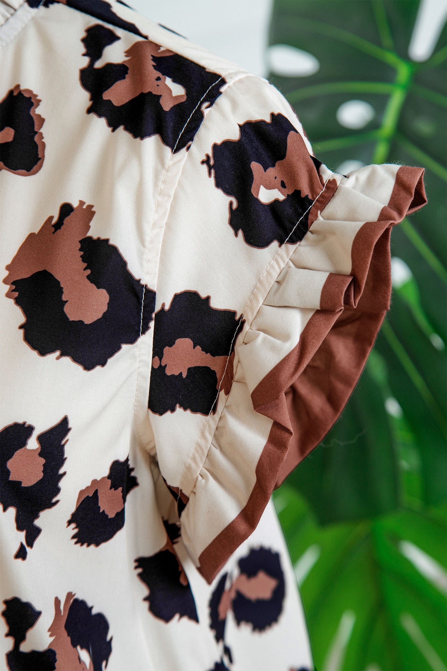 Khaki Leopard Printed Ruffle Sleeve Summer Blouse-Tops/Blouses & Shirts-[Adult]-[Female]-2022 Online Blue Zone Planet