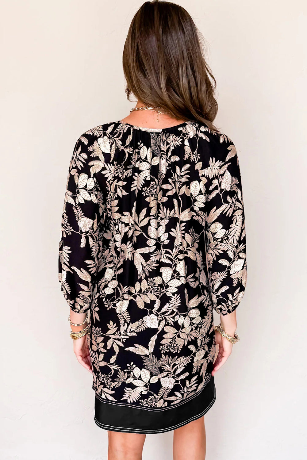 Black 3/4 Sleeve Botanical Print Split Neck Loose Mini Dress Black / M / 85%Viscose+15%Polyamide