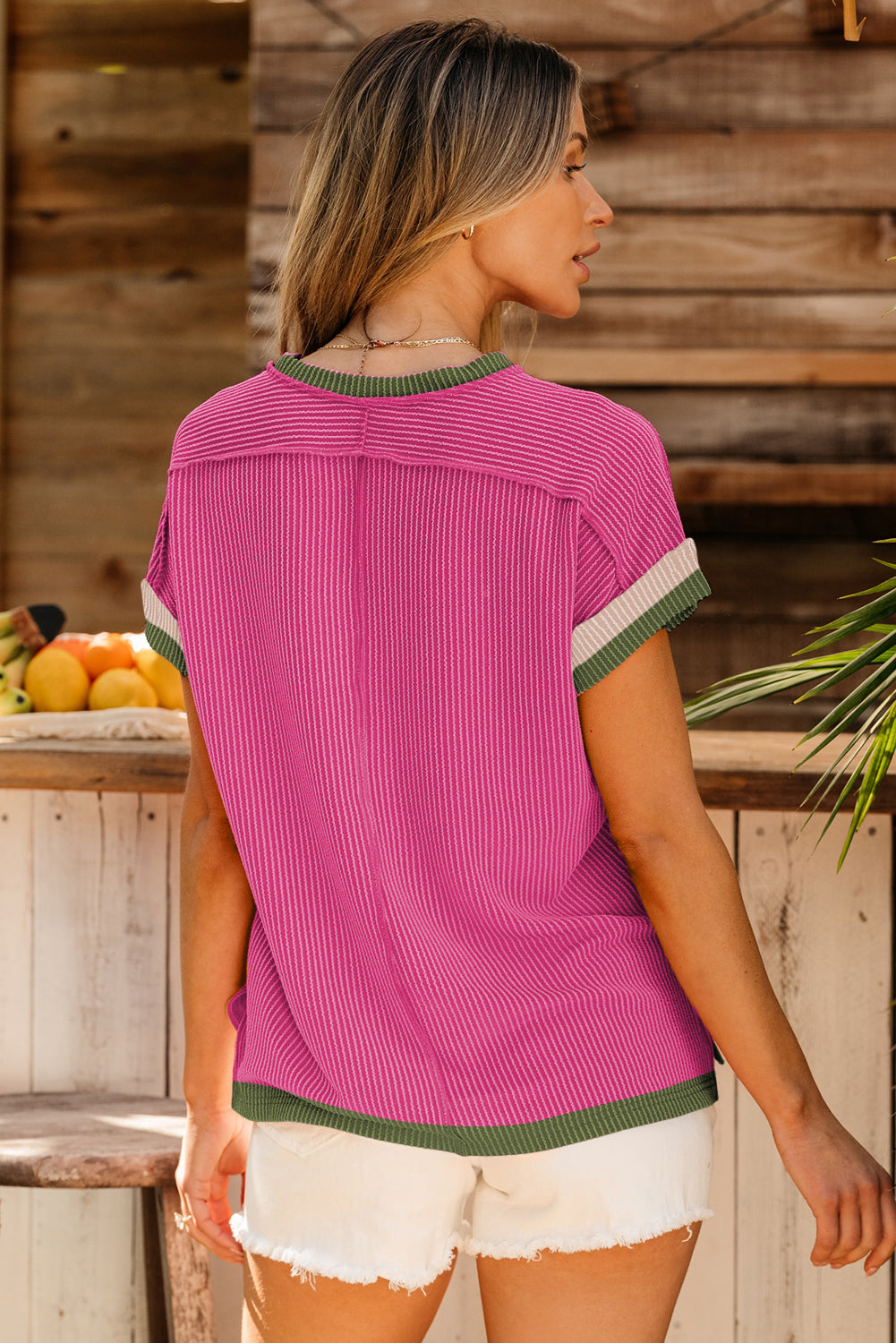 Rose Red Textured Contrast Trim Round Neck T Shirt-Tops/Tops & Tees-[Adult]-[Female]-2022 Online Blue Zone Planet