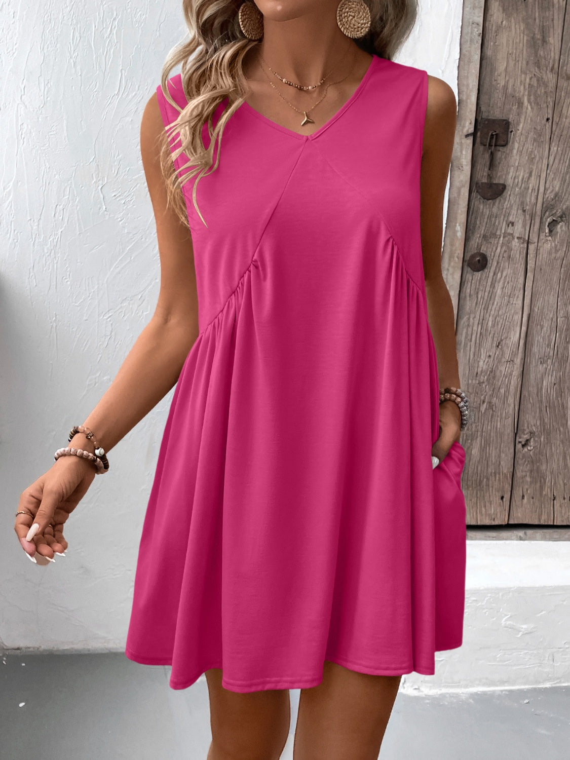 Ruched V-Neck Sleeveless Mini Dress-TOPS / DRESSES-[Adult]-[Female]-Deep Rose-S-2022 Online Blue Zone Planet