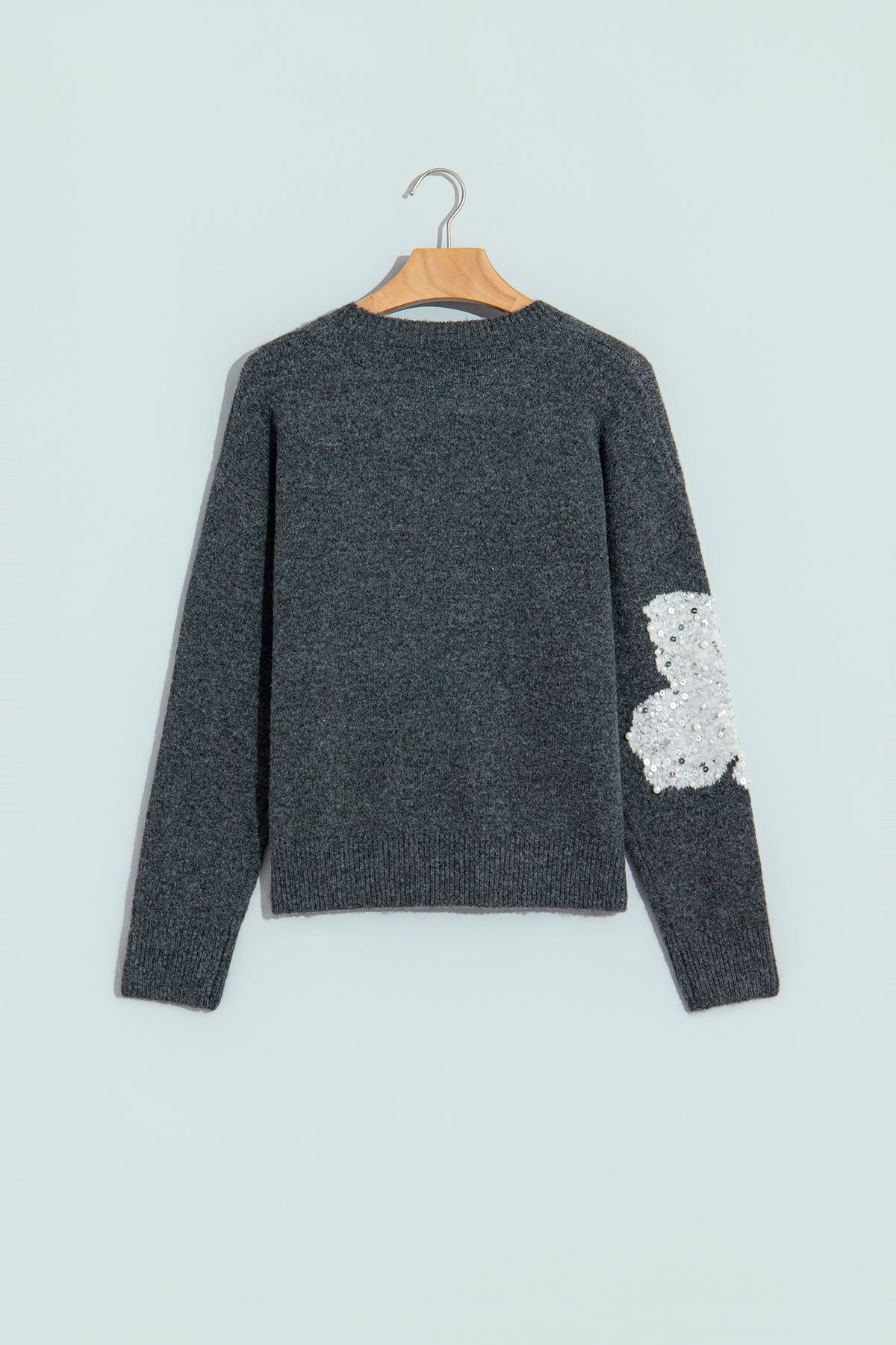 Dark Grey Beaded Floral Accent Casual Round Neck Sweater-TOPS / DRESSES-[Adult]-[Female]-2022 Online Blue Zone Planet
