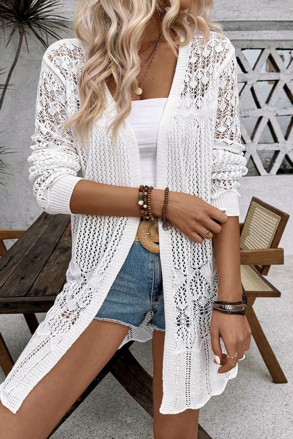 Black Crochet Hollow Out Open Front Cardigan-Sweaters & Cardigans/Cardigans-[Adult]-[Female]-White-S-2022 Online Blue Zone Planet