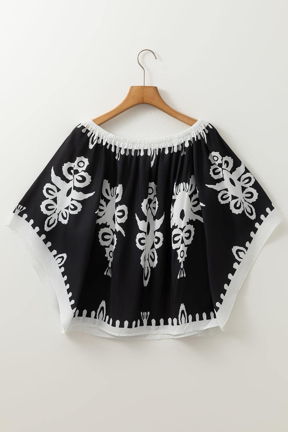 Blue Zone Planet | Black Tribal Printed Off Shoulder Loose Sleeve Blouse-Tops/Blouses & Shirts-[Adult]-[Female]-2022 Online Blue Zone Planet