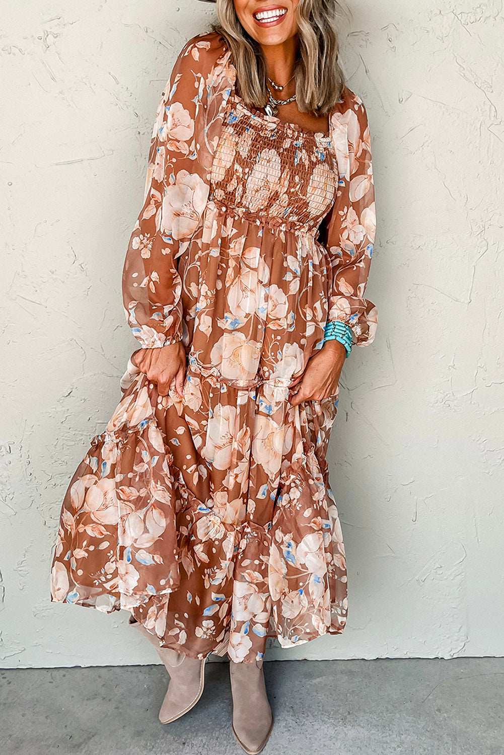 Brown Floral Print Shirred Square Neck High Waist Maxi Dress-Dresses/Maxi Dresses-[Adult]-[Female]-Brown-S-2022 Online Blue Zone Planet