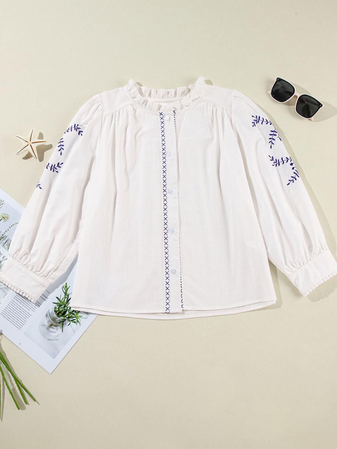Frill Floral Embroidered Sleeve Shirt-TOPS / DRESSES-[Adult]-[Female]-2022 Online Blue Zone Planet