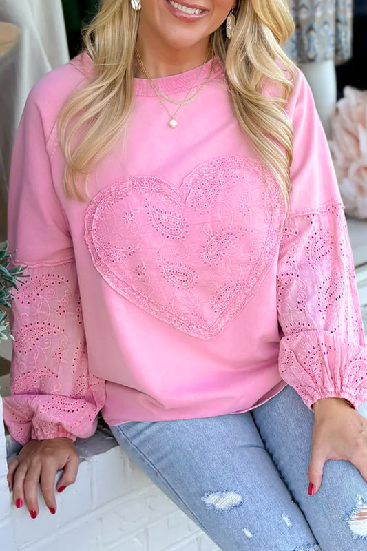 Pink Paisley Broderie Anglaise Valentine Heart Pattern Long Sleeve Patchwork Top