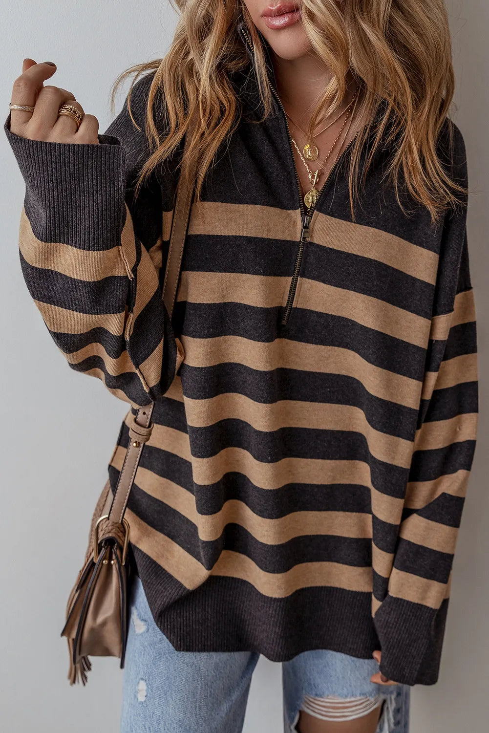 Striped Half Zip Long Sleeve Knit Top-TOPS / DRESSES-[Adult]-[Female]-2022 Online Blue Zone Planet