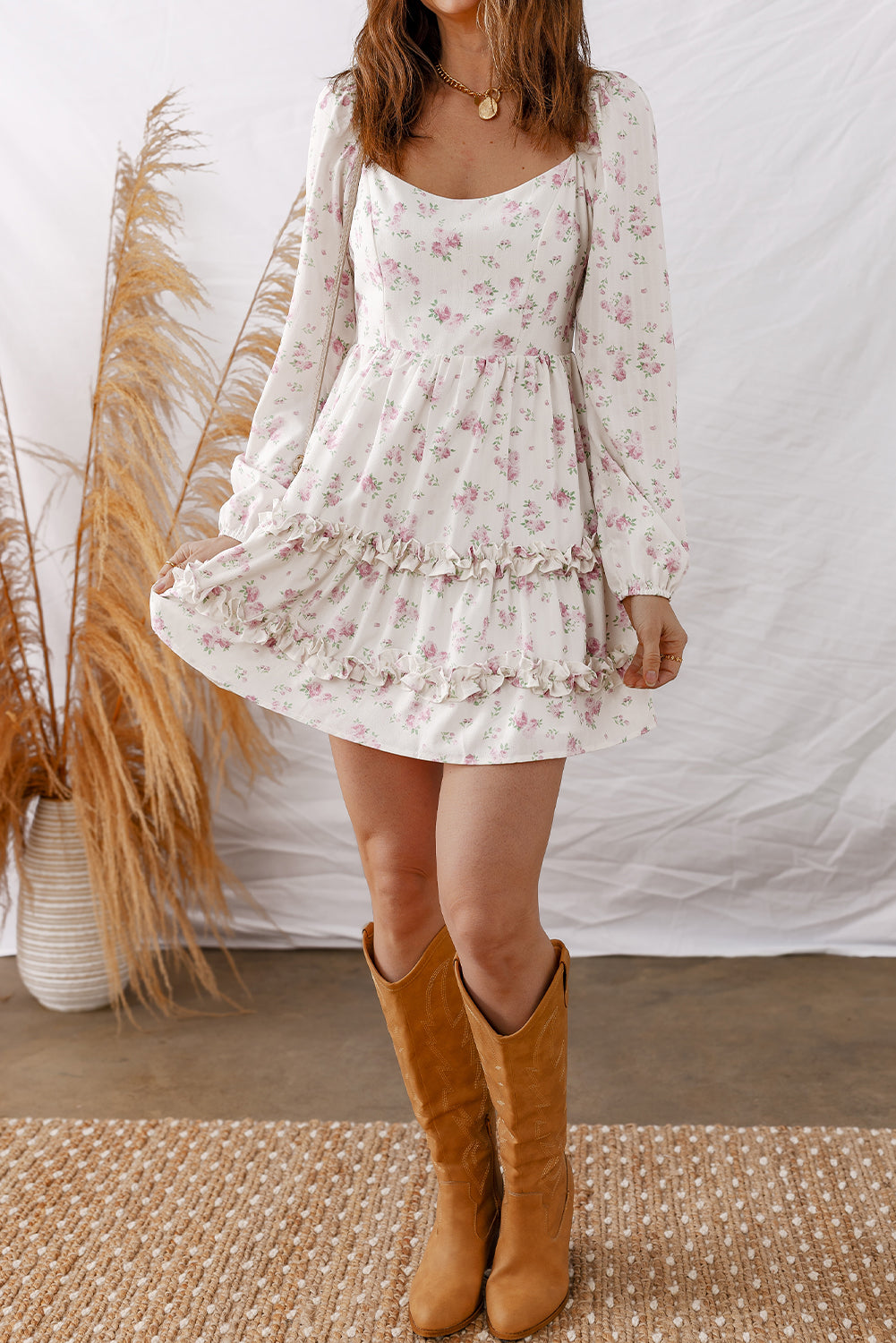 Pink Floral Print Long Sleeve Ruffle Detail Flared Mini Dress