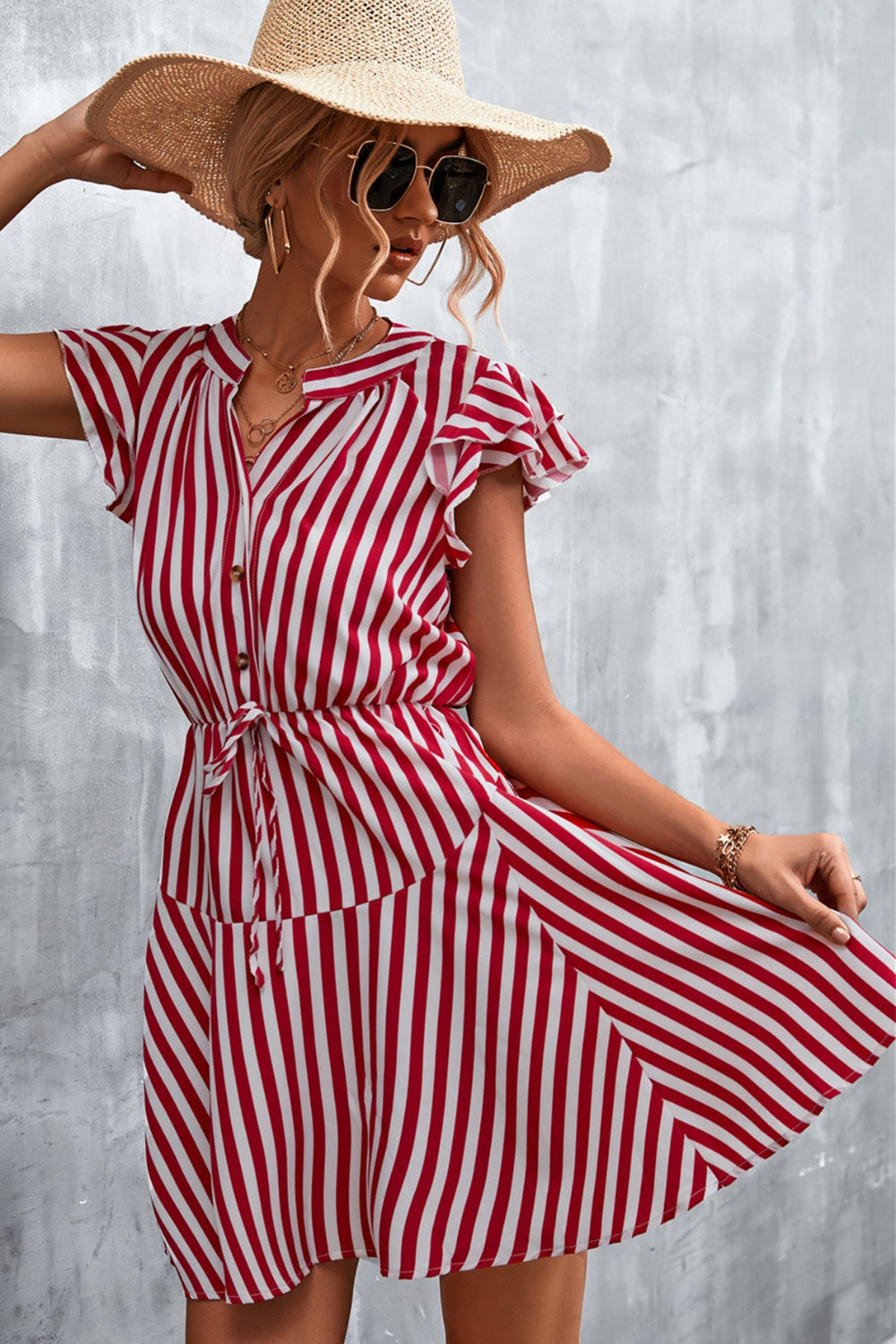 Ruffled Striped Cap Sleeve Mini Dress-TOPS / DRESSES-[Adult]-[Female]-2022 Online Blue Zone Planet