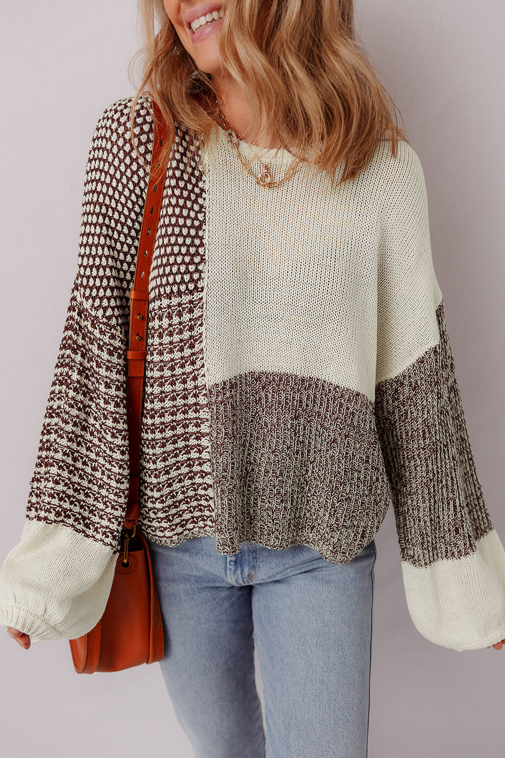 Dark Khaki Color Block Back Tie Drop Shoulder Loose Sweater-Sweaters & Cardigans/Sweaters-[Adult]-[Female]-2022 Online Blue Zone Planet
