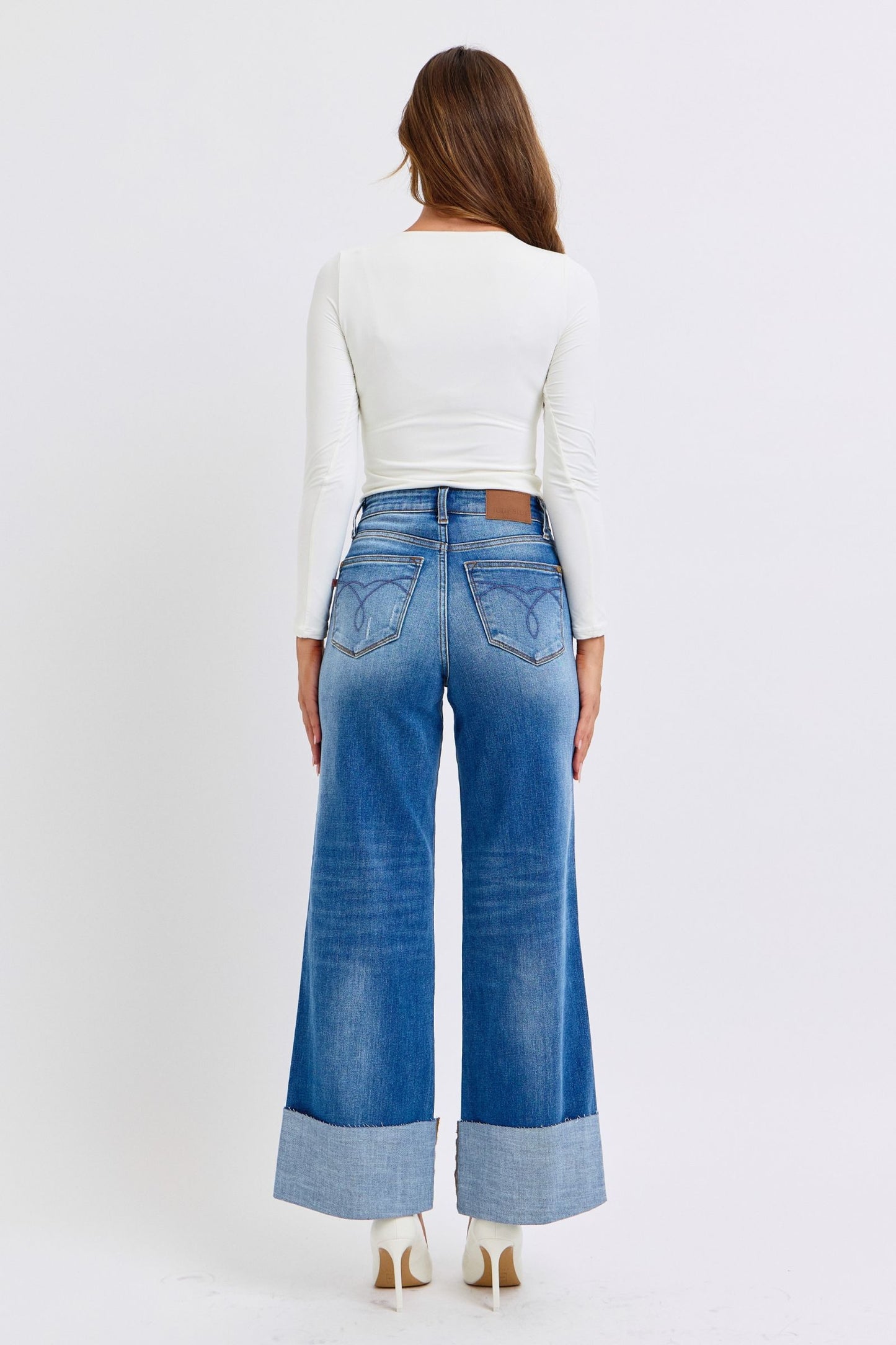 Blue Zone Planet | Judy Blue Full Size Distressed High Waist Wide Leg Jeans-BOTTOMS SIZES SMALL MEDIUM LARGE-[Adult]-[Female]-2022 Online Blue Zone Planet