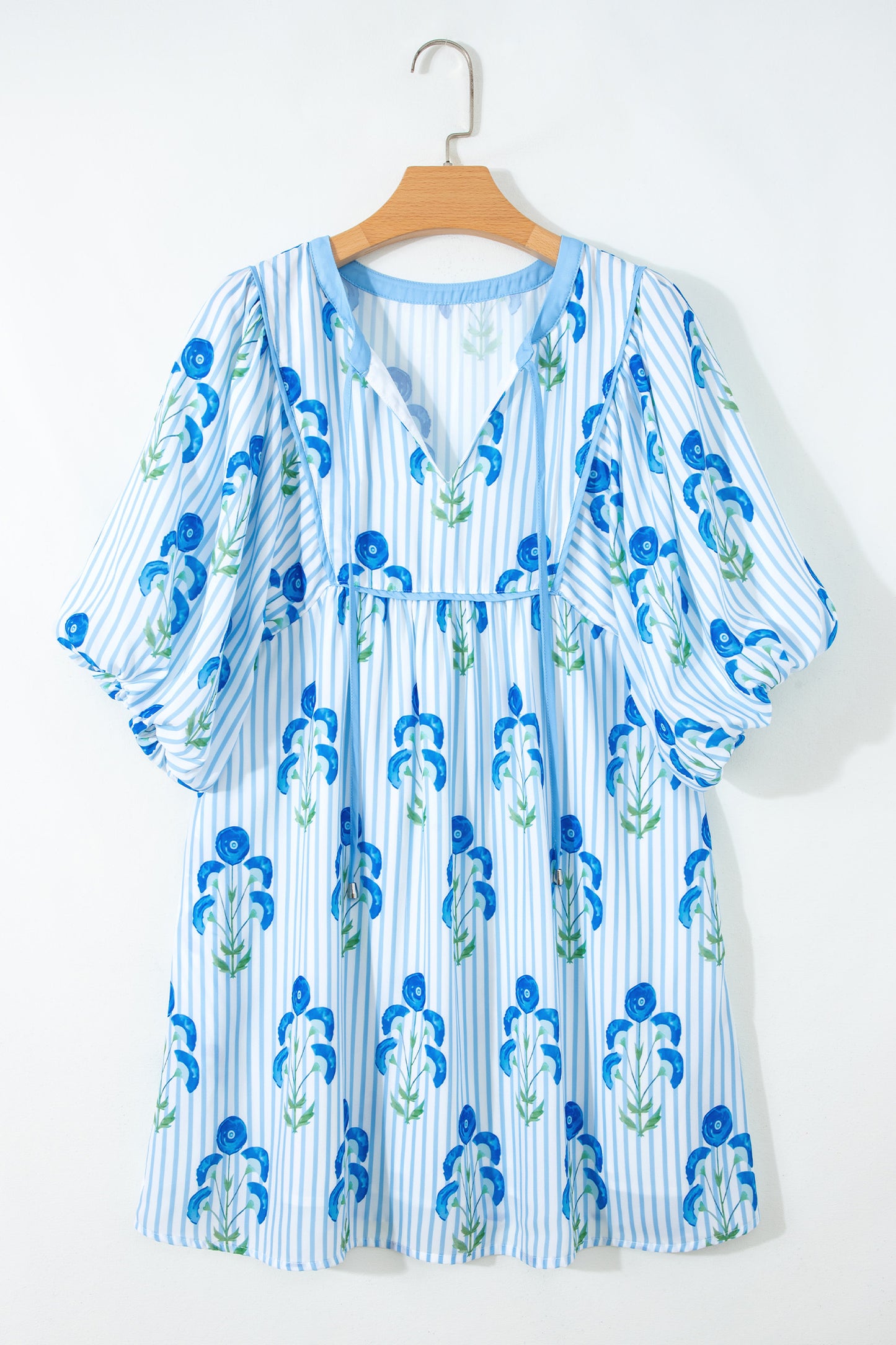 Sky Blue Floral Striped Print Tie Notched Neck Puff Sleeve Flared Mini Dress-TOPS / DRESSES-[Adult]-[Female]-2022 Online Blue Zone Planet
