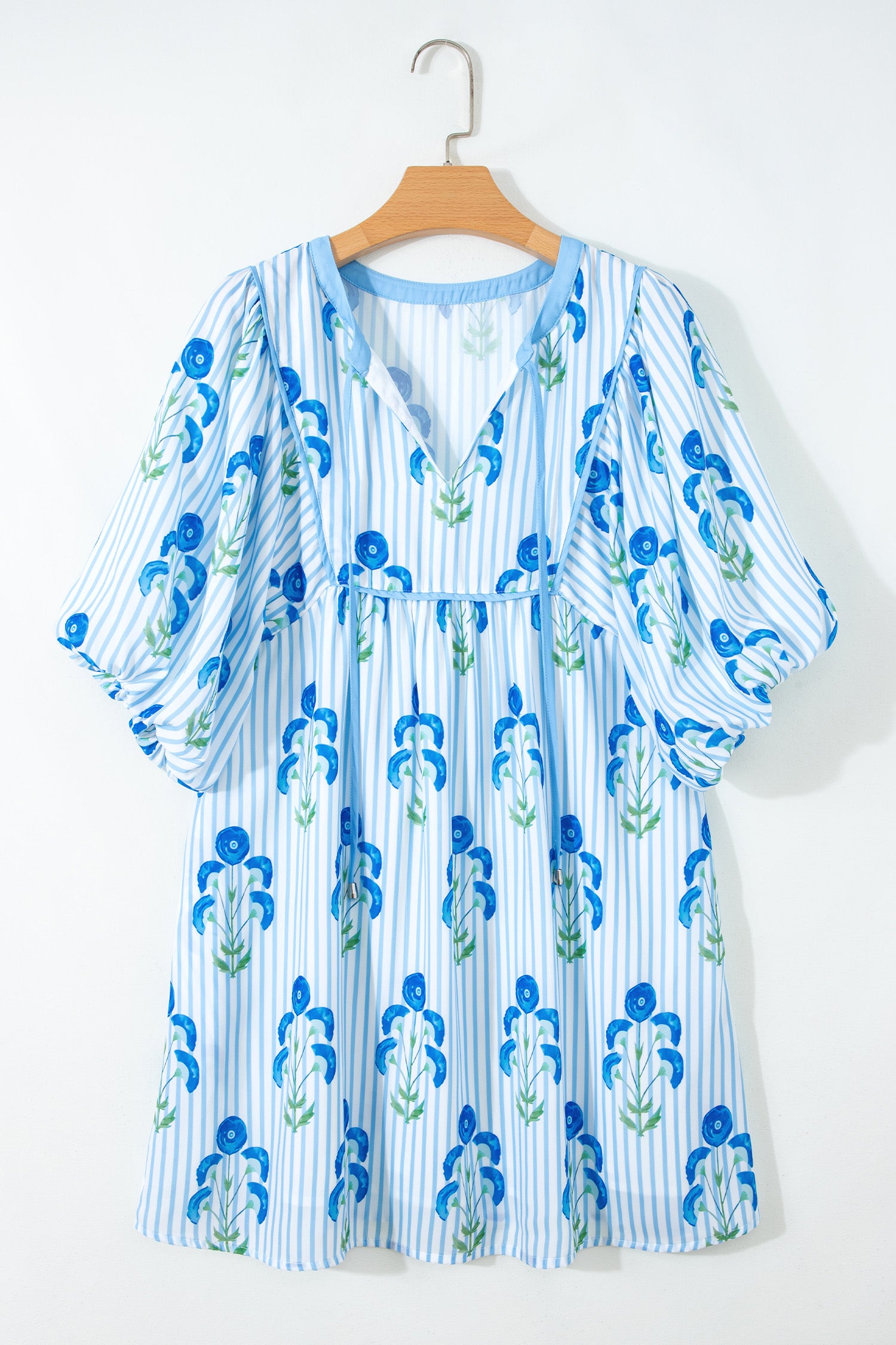 Sky Blue Floral Striped Print Tie Notched Neck Puff Sleeve Flared Mini Dress-TOPS / DRESSES-[Adult]-[Female]-2022 Online Blue Zone Planet