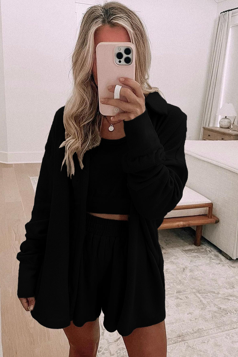 Black 3 Pcs Crop Tank Top Shorts with Cardigan Lounge Set-Loungewear & Sleepwear/Loungewear-[Adult]-[Female]-2022 Online Blue Zone Planet