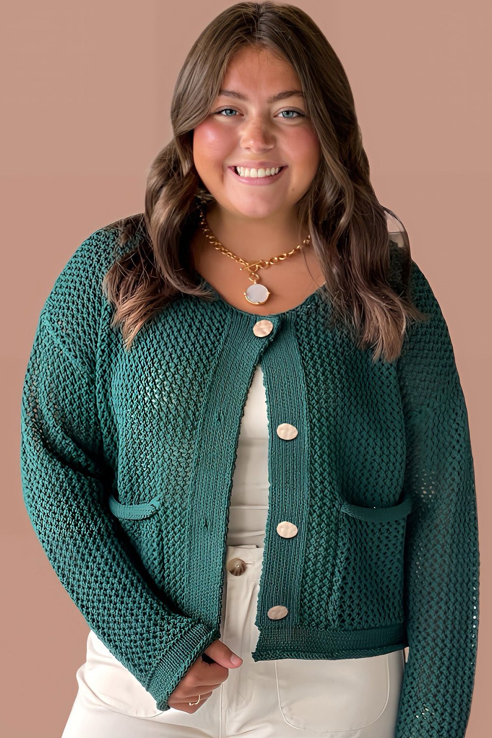 Blackish Green Plus Size Golden Accent Buttons Short Sweater Cardigan-Plus Size/Plus Size Sweaters & Cardigans-[Adult]-[Female]-2022 Online Blue Zone Planet