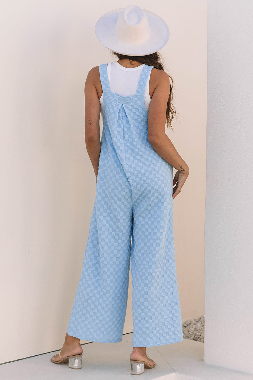 Beau Blue Checkered Pocketed High Waist Wide Leg Overall-Bottoms/Jumpsuits & Rompers-[Adult]-[Female]-2022 Online Blue Zone Planet