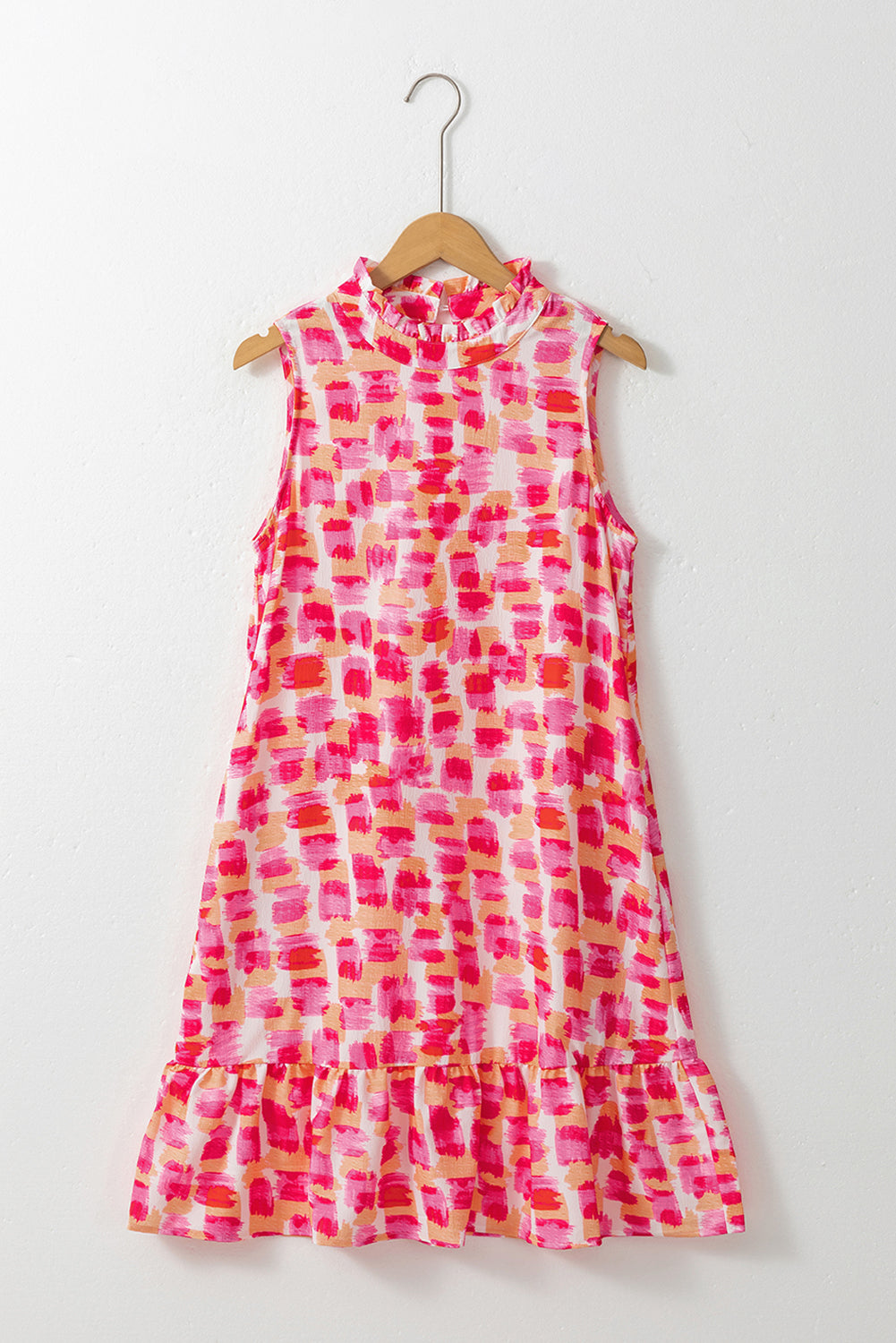 Pink Abstract Print Frilly Neck Sleeveless Mini Dress Blue Zone Planet
