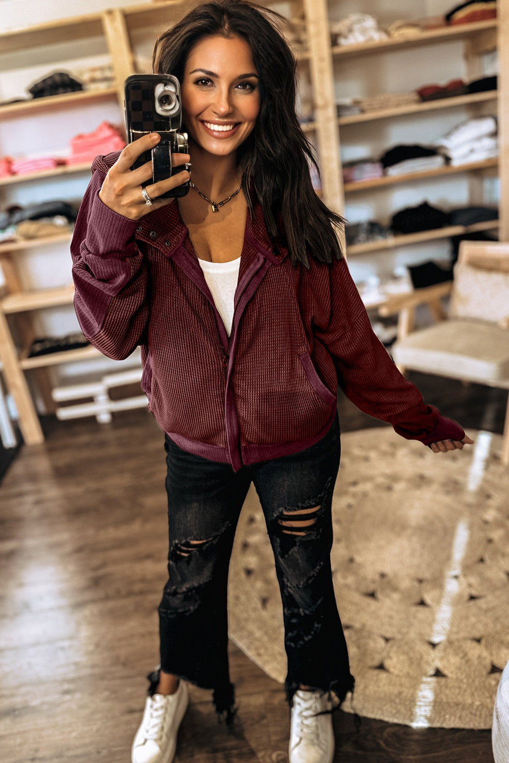 Burgundy Waffle Splicing Zip Up Front Button Hooded Jacket-Tops / Dresses-[Adult]-[Female]-2022 Online Blue Zone Planet