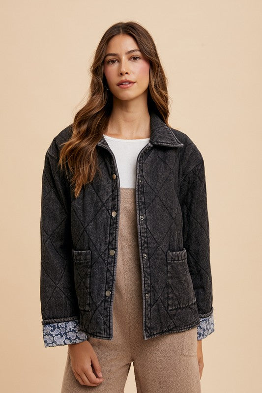 Annie Wear Quilted Printed Lining Snap Down Denim Jacket-TOPS / DRESSES-[Adult]-[Female]-2022 Online Blue Zone Planet