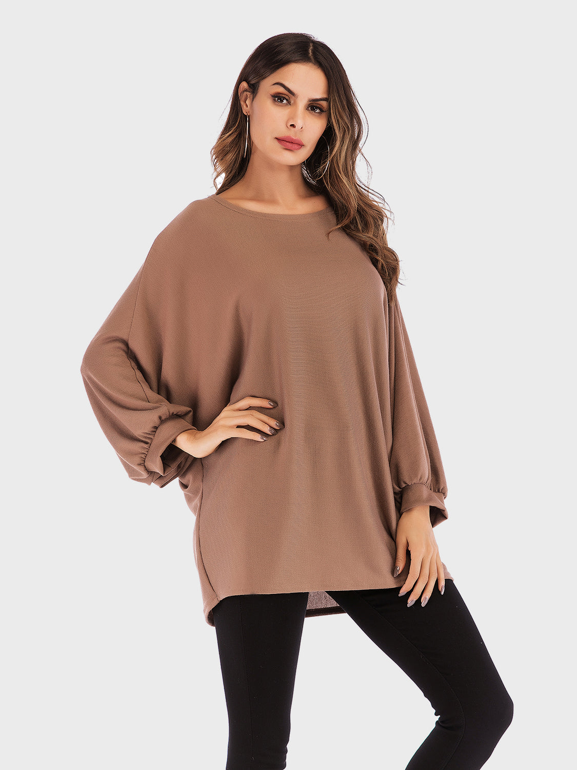 Blue Zone Planet | Perfee Round Neck Batwing Sleeve T-Shirt-TOPS / DRESSES-[Adult]-[Female]-Caramel-One Size-2022 Online Blue Zone Planet