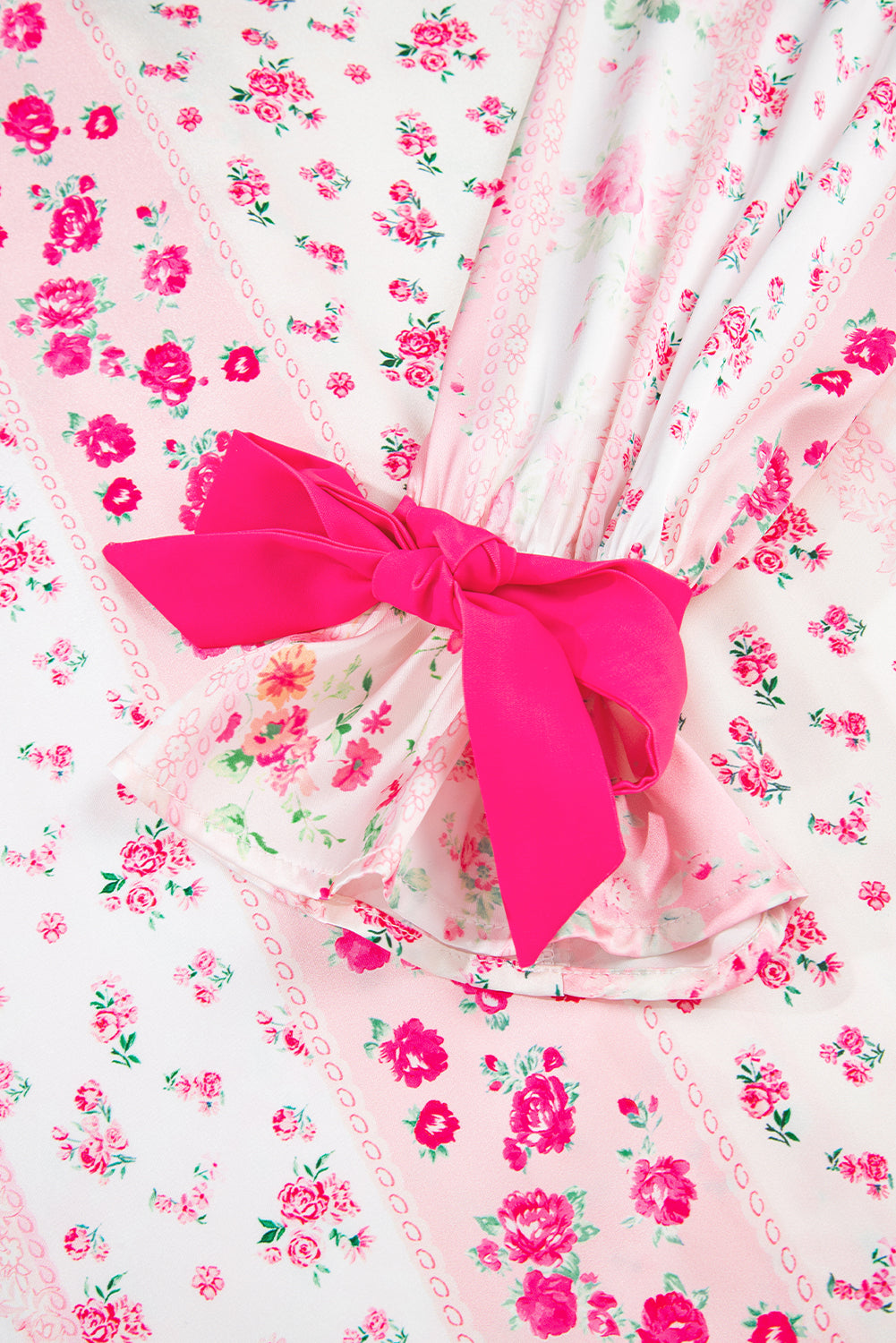 Pink Mixed Floral Print Contrast Piping Trim Satin Tie 2pcs Pajama Set-Loungewear & Sleepwear/Sleepwear-[Adult]-[Female]-2022 Online Blue Zone Planet