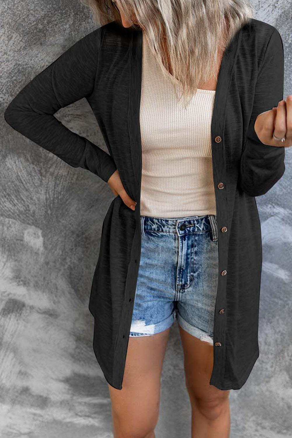 Solid Color Open-Front Buttons Cardigan-Sweaters & Cardigans/Cardigans-[Adult]-[Female]-2022 Online Blue Zone Planet
