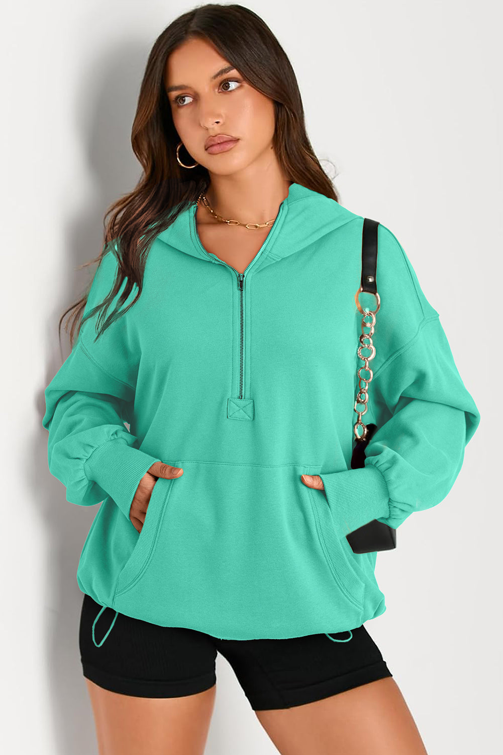 Pocketed Half Zip Long Sleeve Hoodie-HOODIES-[Adult]-[Female]-2022 Online Blue Zone Planet