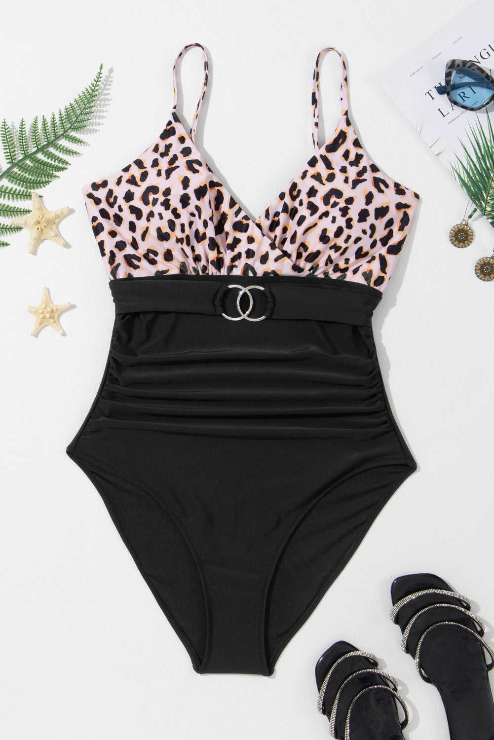 Blue Zone Planet |  Black Animal Print Belted Ruched V Neck One-piece Swimsuit Blue Zone Planet