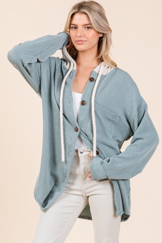 Blue Zone Planet | BOMBOM Textured Button Down Drawstring Hooded Shacket-Tops / Dresses-[Adult]-[Female]-2022 Online Blue Zone Planet